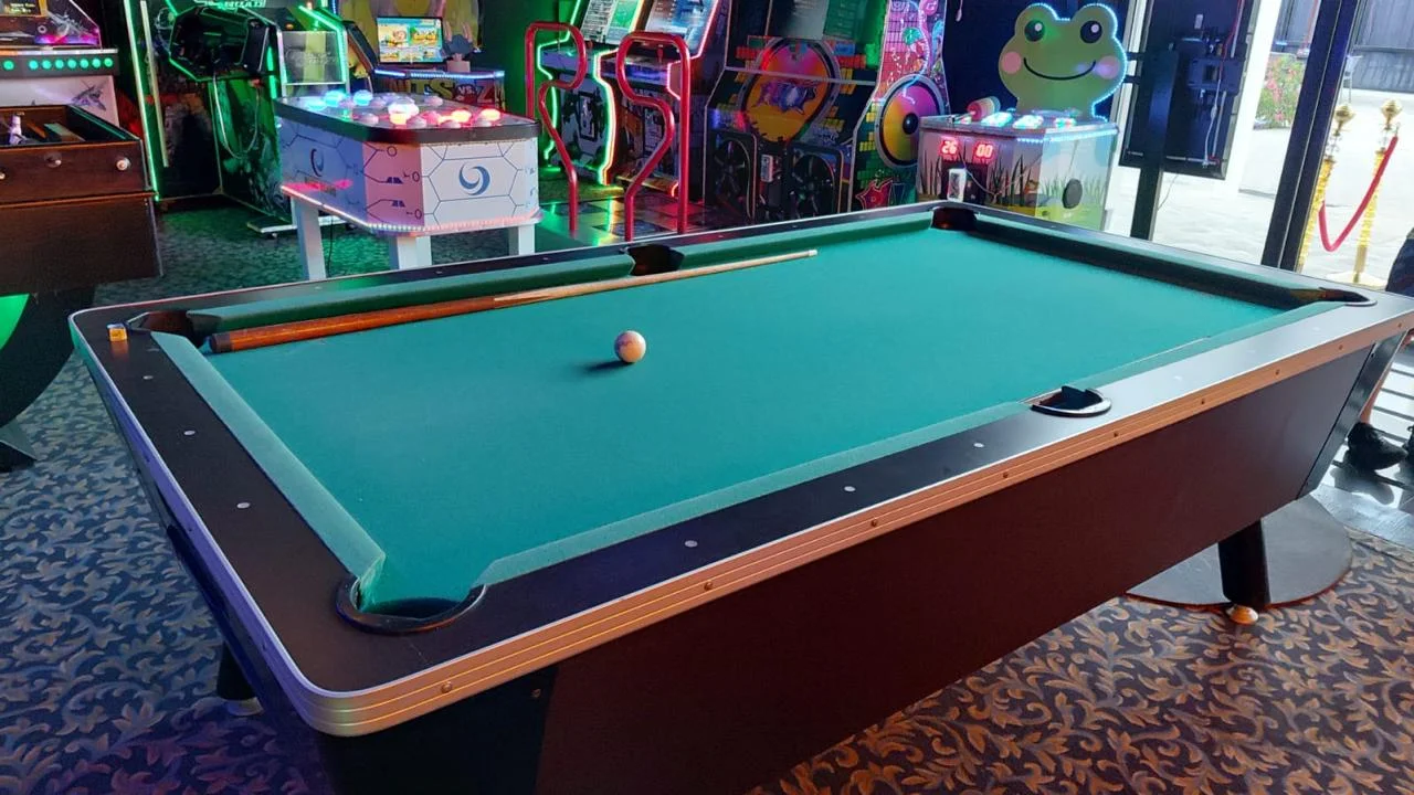 Mesa de billar con sala arcade al fondo y palmera